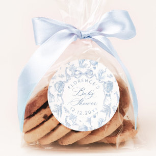 Sticker Rond Élégant Toile de Jouy Safari Bleu Baby shower