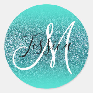 Sticker Rond Elégant Turquoise Ombre Faux Parties scintillant T