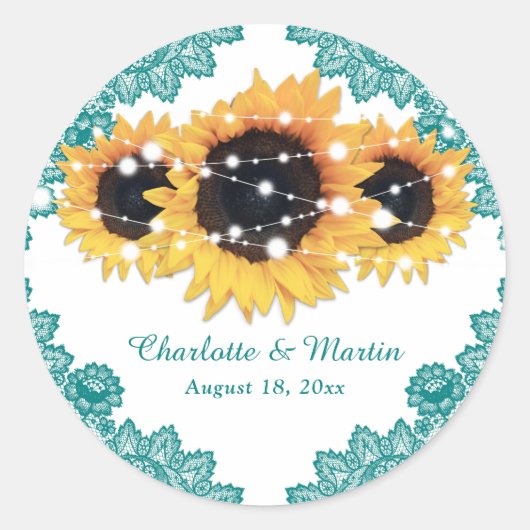 Sticker Rond Élégant Turquoise Rustic Chic Mariage de tournesol (Devant)