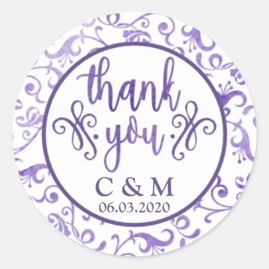 Sticker Rond Élégant Ultra Violet Flore Mariage Merci (Devant)