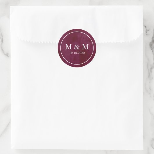 Sticker Rond Élégant Velvety Bourgogne Mariage Classic Monogram (Sac)