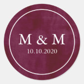 Sticker Rond Élégant Velvety Bourgogne Mariage Classic Monogram (Devant)