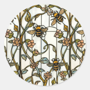 Sticker Rond Élégant verre teinté d'abeille botanique Art nouve