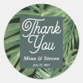 Sticker Rond Elégant vert tropical botanique merci mariage (Devant)