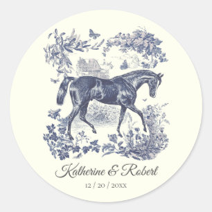 Sticker Rond Elégant Vintage Chic Blue Horse Toile Mariage
