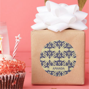 Sticker Rond Elégant vintage damassé marine bleu jaune monogram