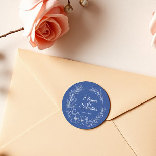 Sticker Rond Elégant Vintage Romance Dusty Blue Floral Mariage