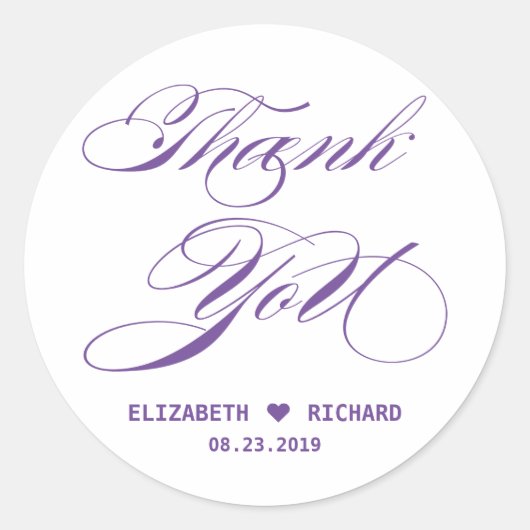 Sticker Rond Élégant violet calligraphie Merci Mariage Faveur (Devant)