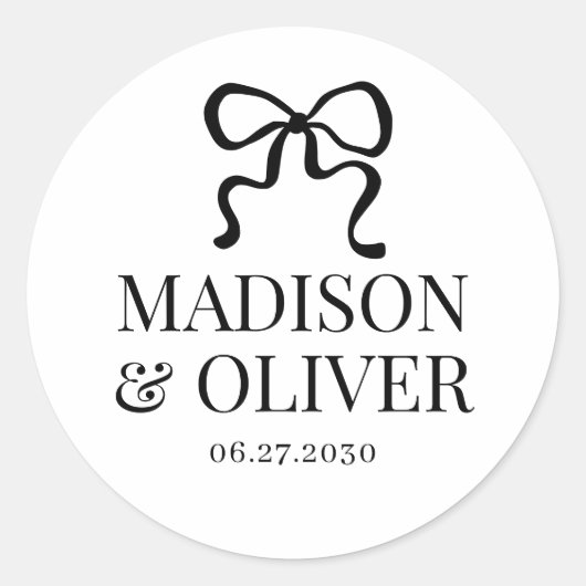 Sticker Rond Elegant Whimsical Black Bow Monogram Wedding (Devant)