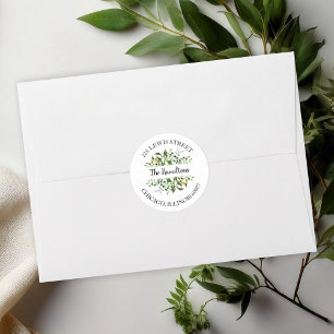 Sticker Rond Élégante Adresse de Retour de Mariage avec Verdure