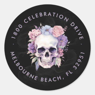 Sticker Rond Élégante Adresse de Retour Florale & Crâne Gothiqu