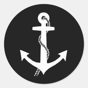 Sticker Rond Élégante Ancre Noir et Blanc Marin