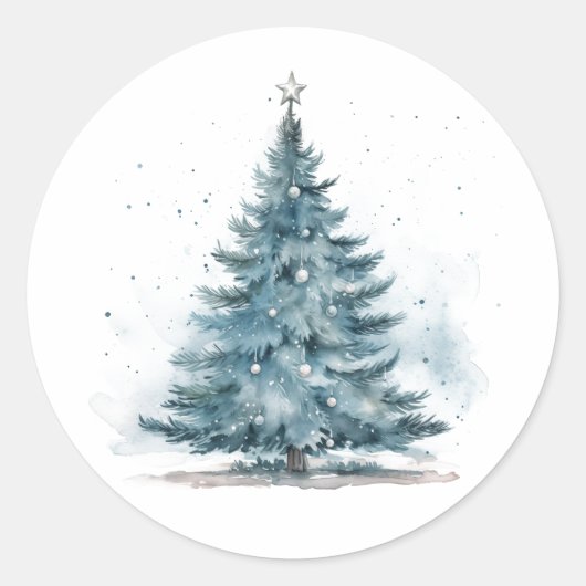 Sticker Rond Elégante aquarelle Bleu Argent Hiver Wonderland (Devant)