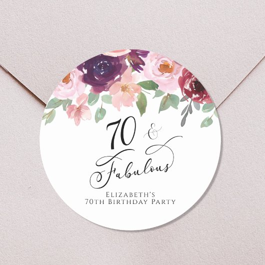 Sticker Rond Elégante aquarelle florale 70ème anniversaire