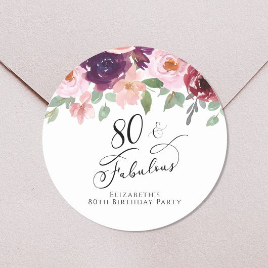 Sticker Rond Elégante aquarelle florale 80e fête d'anniversaire