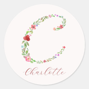 Sticker Rond Élégante aquarelle Florale Lettre C