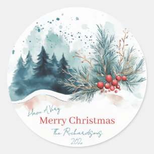 Sticker Rond Elégante aquarelle Forêt de Noël