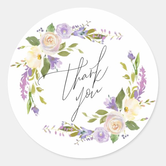 Sticker Rond Elégante Aquarelle violette Merci floral Script (Devant)