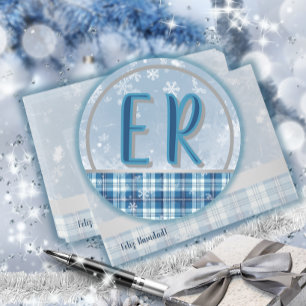 Sticker Rond Elegante Azul Etiqueta Monograma Navideña