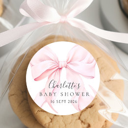 Sticker Rond Élégante Baby Shower avec un Nœud Rose