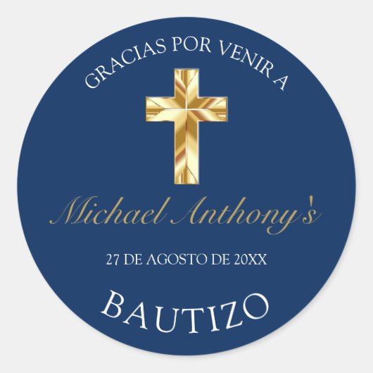 Sticker Rond Elegante Bautismo de Bebé Azul Dorado Gracias (Devant)