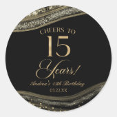 Sticker Rond Elégante Black Gold Agate 15e fête d'anniversaire (Devant)