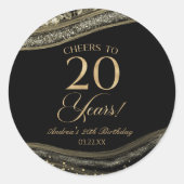 Sticker Rond Elégante Black Gold Agate 20e fête d'anniversaire (Devant)