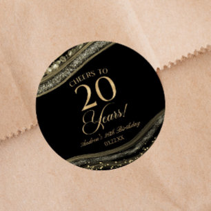 Sticker Rond Elégante Black Gold Agate 20e fête d'anniversaire