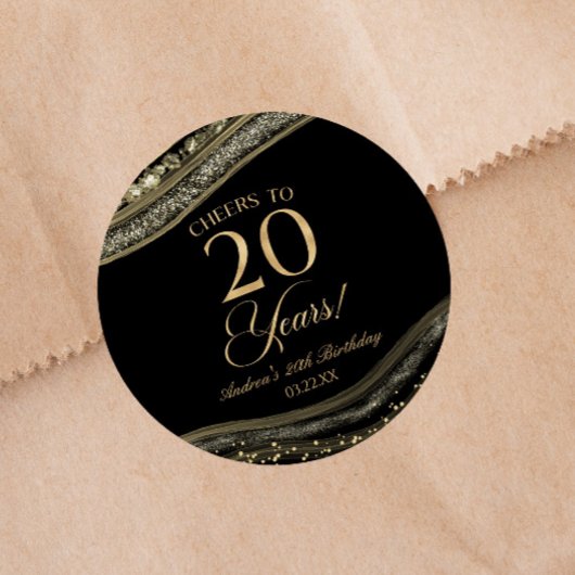 Sticker Rond Elégante Black Gold Agate 20e fête d'anniversaire