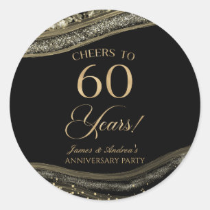 Sticker Rond Élégante Black Gold Agate 60e Anniversaire Party