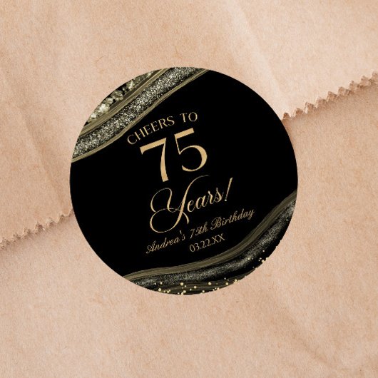 Sticker Rond Elégante Black Gold Agate 75e fête d'anniversaire