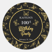 Sticker Rond Elégante Black Gold Butterflies 100 Anniversaire (Devant)