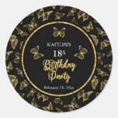 Sticker Rond Elégante Black Gold Butterflies 18e fête d'anniver (Devant)