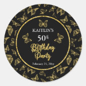 Sticker Rond Elégante Black Gold Butterflies 50e fête d'anniver (Devant)
