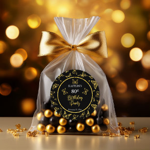 Sticker Rond Elégante Black Gold Butterflies 80e fête d'anniver