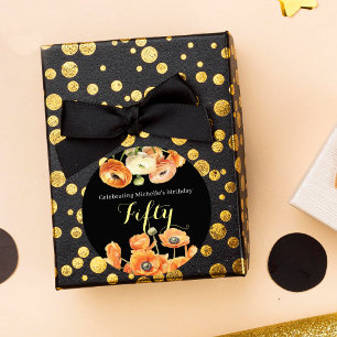 Sticker Rond Élégante Black Orange Floral 50e fête d'anniversai