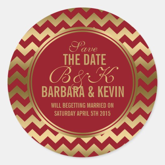 Sticker Rond Elégante Bourgogne & Or Géométrique Zigzag Chevron (Devant)