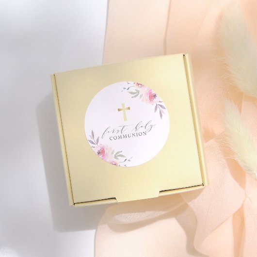 Sticker Rond Élégante calligraphie Florale Première Sainte Comm