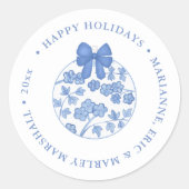 Sticker Rond Élégante Chinoiserie Bleu Et Blanc Joyeux Noël (Devant)