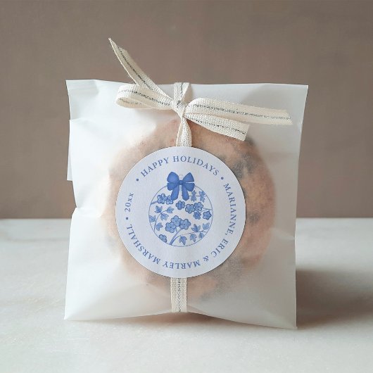 Sticker Rond Élégante Chinoiserie Bleu Et Blanc Joyeux Noël