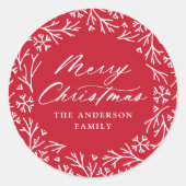 Sticker Rond Élégante couronne de flocon de neige rouge Joyeux  (Devant)