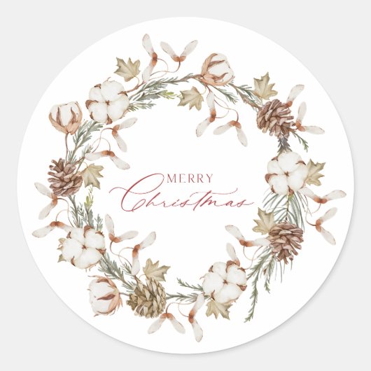 Sticker Rond Élégante couronne de Noël en coton et en pin (Devant)