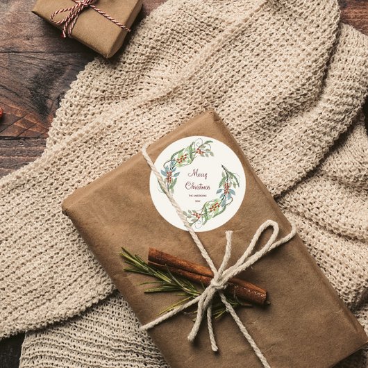 Sticker Rond Élégante couronne de Noël Joyeux Botanique