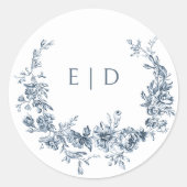 Sticker Rond Élégante couronne florale Bleue gravée avec Monogr (Devant)