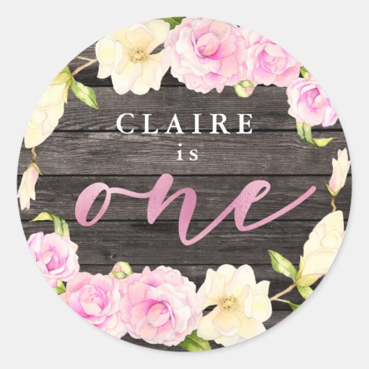 Sticker Rond Elégante Crème rose Florale 1er Anniversaire Fête (Devant)