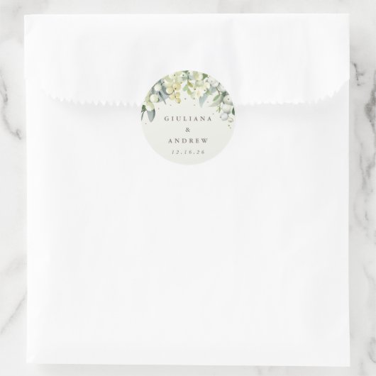 Sticker Rond Elégante crème Snowberry+Eucalyptus Mariage (Sac)