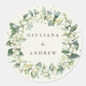 Sticker Rond Elégante crème Snowberry+Eucalyptus Wreath Mariage (Devant)