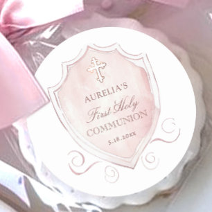 Sticker Rond Élégante crête rose d'aquarelle première communion