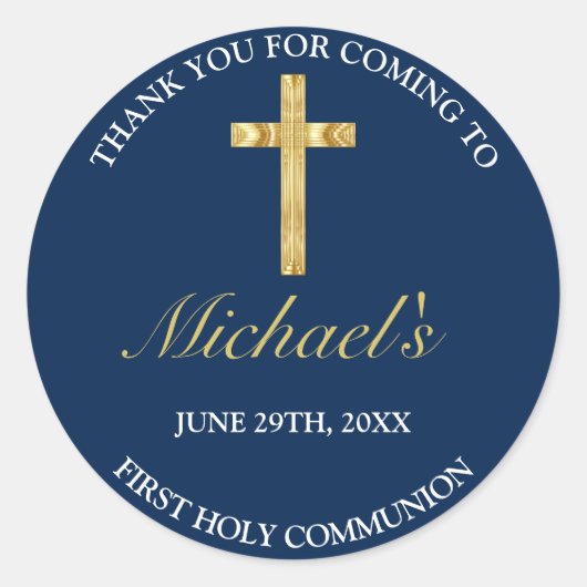 Sticker Rond Elégante Croix Bleue Or Premier Merci Communion (Devant)