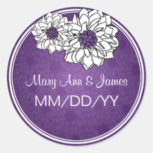 Sticker Rond Elégante Date de Mariage Dahlia Floral Purple